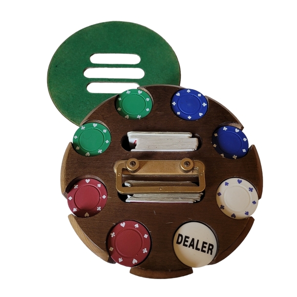 American Vintage Games Clay Poker Chips Wood Brass Caddy Carousel